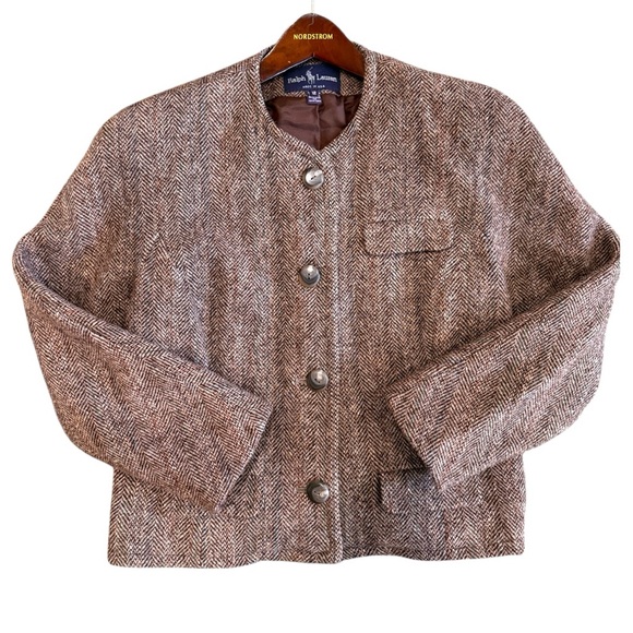 Ralph Lauren Polo Wool Tweed Herringbone Blazer Collarless Made in USA 12 - Picture 2 of 15